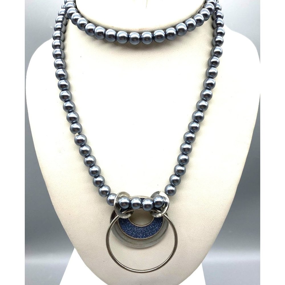 Classy Grey and Silver Circles Pendant on Lustrous Faux Tahitian Pearl Long